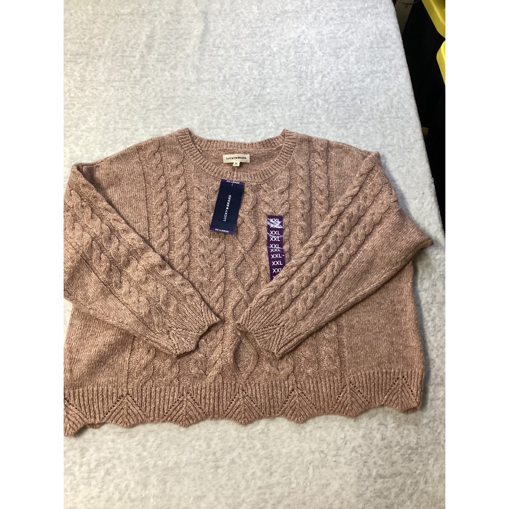 Lucky Brand Womens XXL Pink Cable Knit Scallop Hem Shimmer Sweater NWT